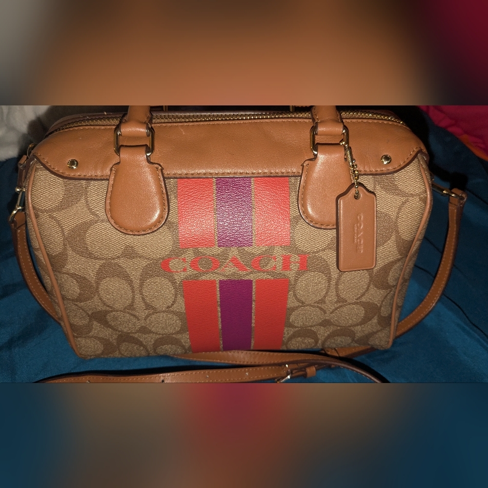 Coach Rowan Signature Satchel with Orange & Purple Stripe With Detachable Strap - Picture 2 of 6